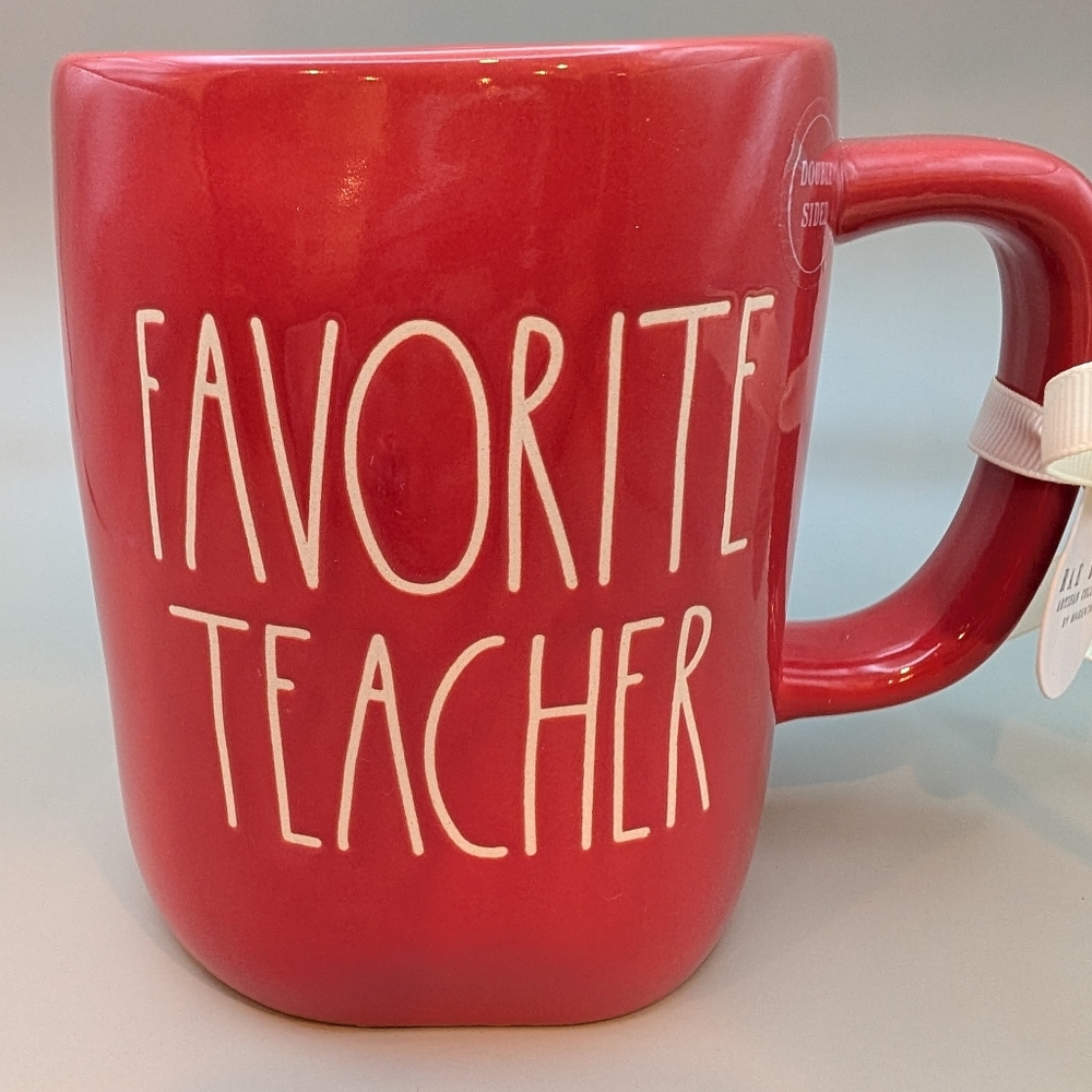 RAE DUNN Mug Double Sided Red Favorite Teacher with Apple